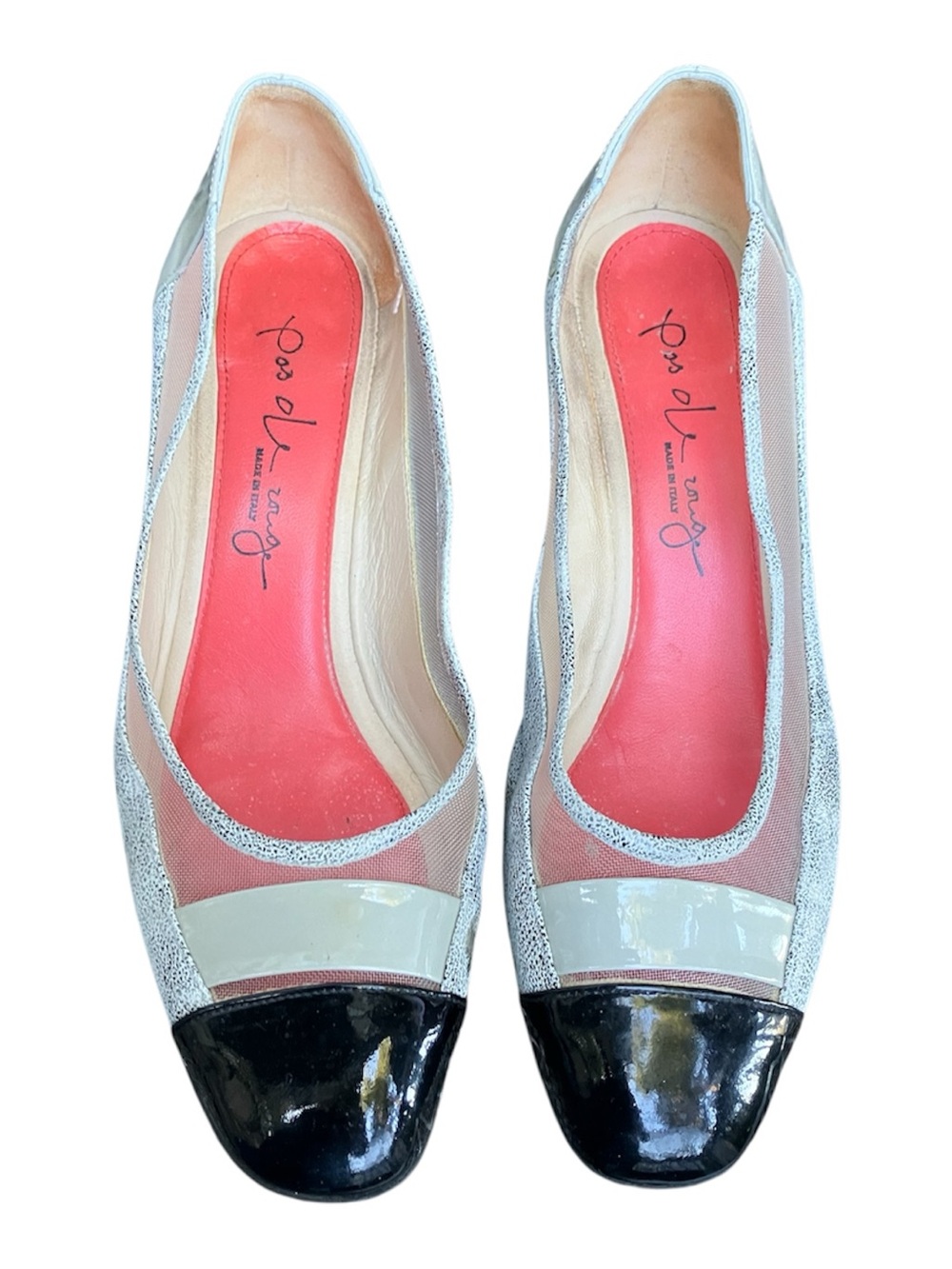 Pas de Rouge Black Patent Cap-Toe Mesh Flats with Coral Insole